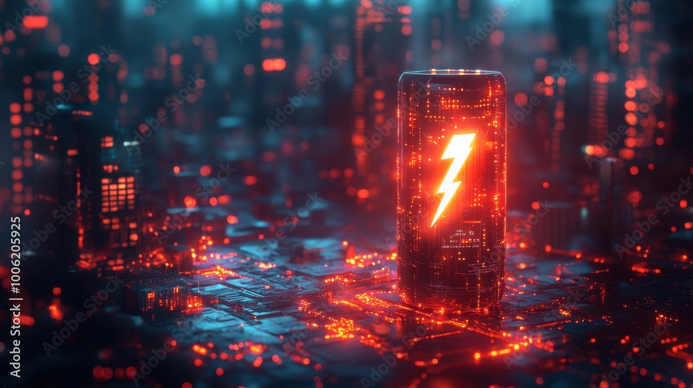 futuristic battery with a glowing lightning bolt symbol on it, suspended over a digital landscape with lights, suggesting advanced energy storage or charging technology futuristic battery with a glowing lightning bolt symbol on it, suspended over a digital landscape with lights, suggesting advanced energy storage or charging technology
