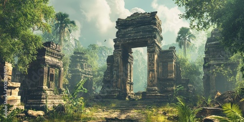 Ancient ruins amidst lush jungle, showcasing intricate stone architecture and vibrant foliage under a bright sky.