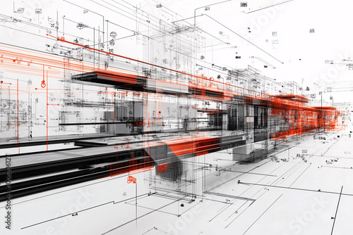 Technical architectural sketch featuring precise lines, red highlights, and layered elements, illustrating a futuristic industrial structure
