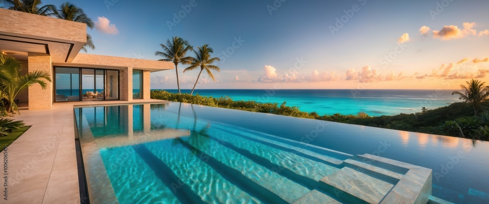 Fototapeta premium Modern villa with infinity pool overlooking ocean during sunset, evoking luxury, relaxation, and scenic beauty in a tropical setting