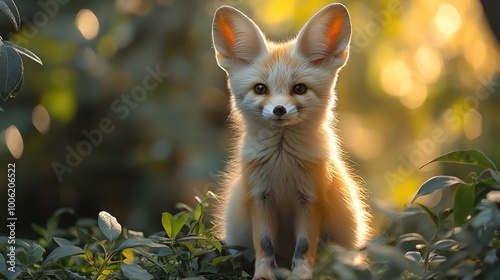 Adorable fennec fox kit sitting among greenery, glowing softly in the sunlight