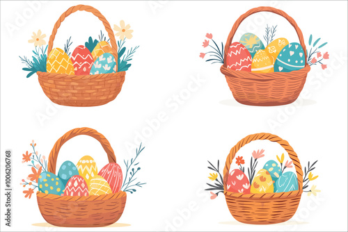 Easter eggs basket, Happy Easter day colorful eggs, Easter basket with eggs and flowers, Easter colorful eggs basket with filled, Easter day colorful eggs basket and colorful flowers