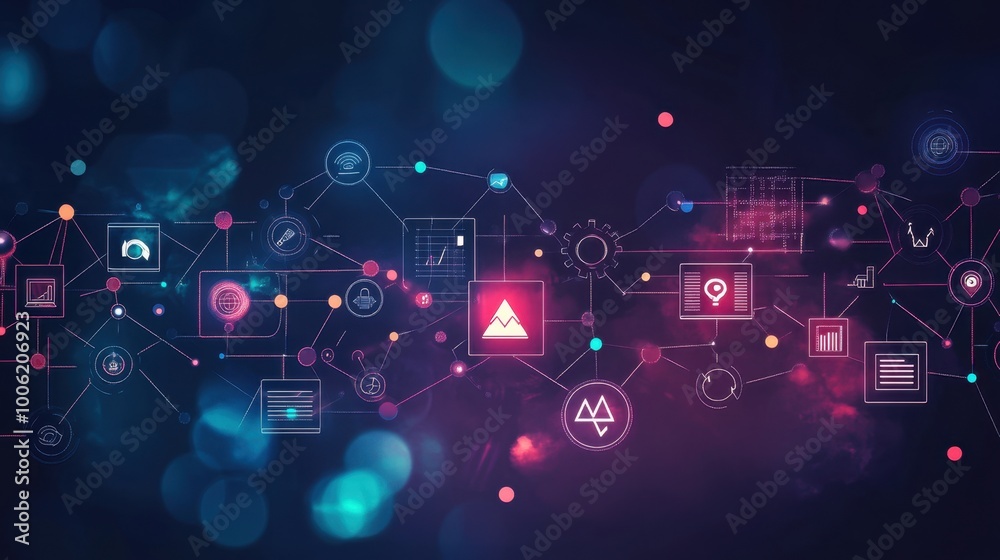 A visual representation of digital integration with interconnected processes and technology icons, A visual representation of digital integration with interconnected processes and technology icons,
