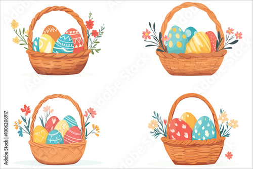 Easter eggs basket, Happy Easter day colorful eggs, Easter basket with eggs and flowers, Easter colorful eggs basket with filled, Easter day colorful eggs basket and colorful flowers