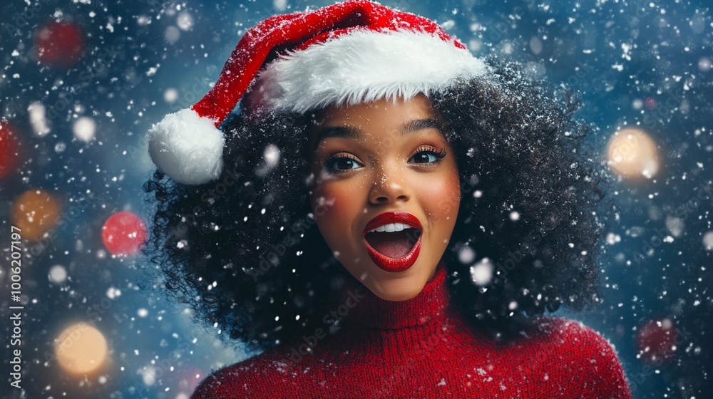 Joyful woman in Santa hat and red sweater beams with holiday cheer against snowy night sky. Her radiant smile and sparkling eyes capture the magic of Christmas spirit. Joyful woman in Santa hat and red sweater beams with holiday cheer against snowy night sky. Her radiant smile and sparkling eyes capture the magic of Christmas spirit.