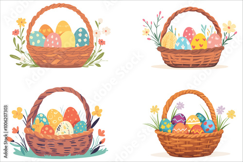 Easter eggs basket, Happy Easter day colorful eggs, Easter basket with eggs and flowers, Easter colorful eggs basket with filled, Easter day colorful eggs basket and colorful flowers