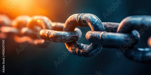 Close-up of a rusted chain link, symbolizing strength and connection. Unique texture with warm light highlighting its features.