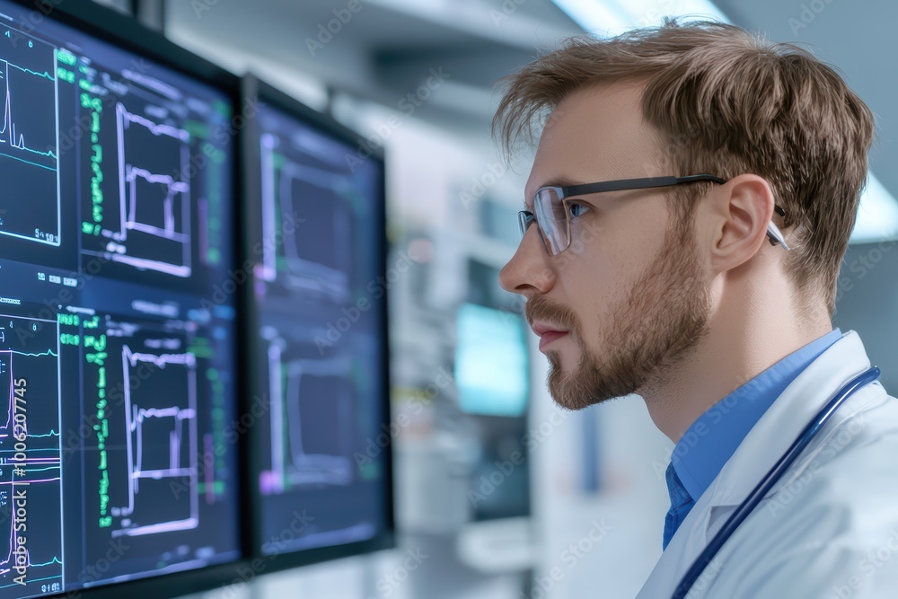 Doctor analyzing data on monitors in a modern medical facility. Doctor analyzing data on monitors in a modern medical facility.