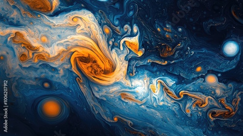 Imagine an abstract background with swirling patterns of orange, blue, and white that resemble the colors on Jupiter's surface photo