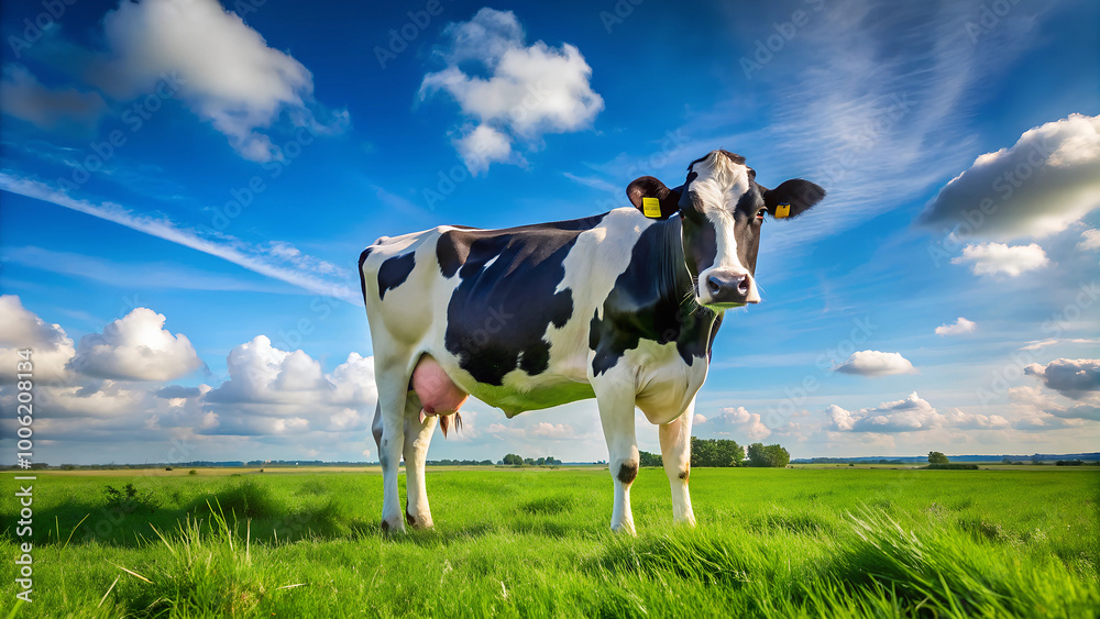 a cow is standing in a field with a sky background a cow is standing in a field with a sky background
