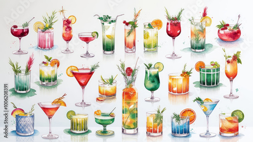 Alcoholic cocktails hand drawn illustration. Sketch set. Moscow mule, bloody mary, pina colada, mojito, margarita, daiquiri, Mimosa, long island iced tea, Bellini, margarita.AI generated