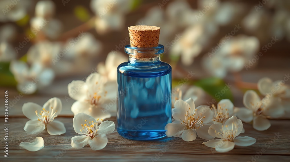 Small vial of dark blue oil surrounded by delicate white flowers on a wooden table Small vial of dark blue oil surrounded by delicate white flowers on a wooden table
