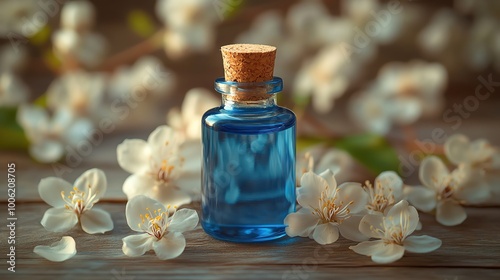 Small vial of dark blue oil surrounded by delicate white flowers on a wooden table