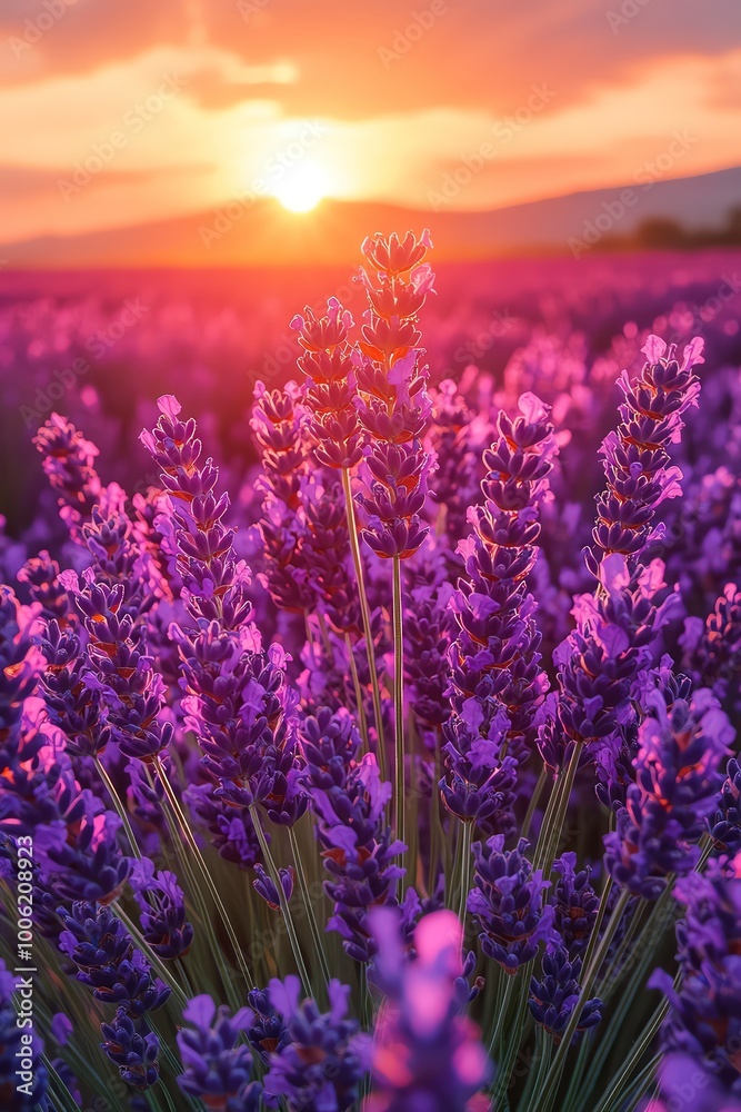 Obraz premium Vast lavender field under bright sky, soft sunlight, lowangle wide shot