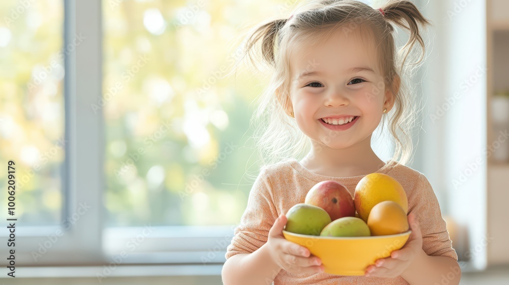 Girl smiling with a bowl of colorful fruits at home. Girl smiling with a bowl of colorful fruits at home.