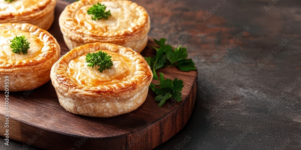 Delicious homemade meat pies garnished with fresh parsley, served on a rustic wooden platter, perfect for any occasion. Delicious homemade meat pies garnished with fresh parsley, served on a rustic wooden platter, perfect for any occasion.