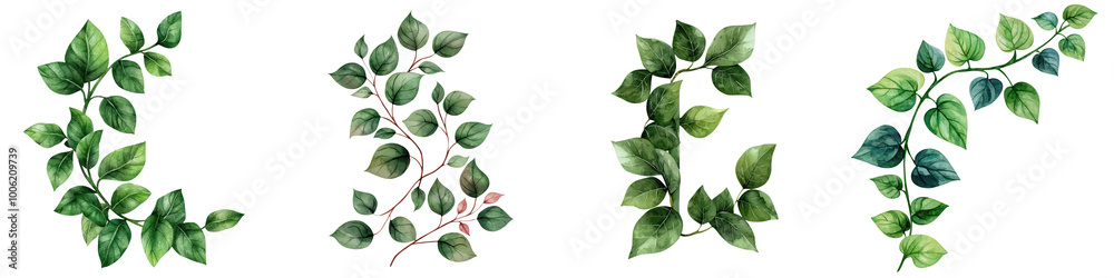 Four varieties of vibrant green leaves displayed on a white isolated background.