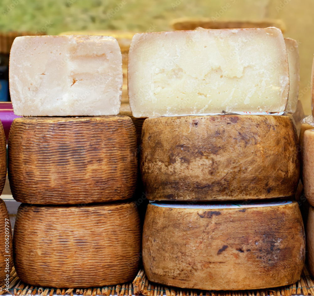 Wheels and slices of pecorino cheese aging on a wooden shelf