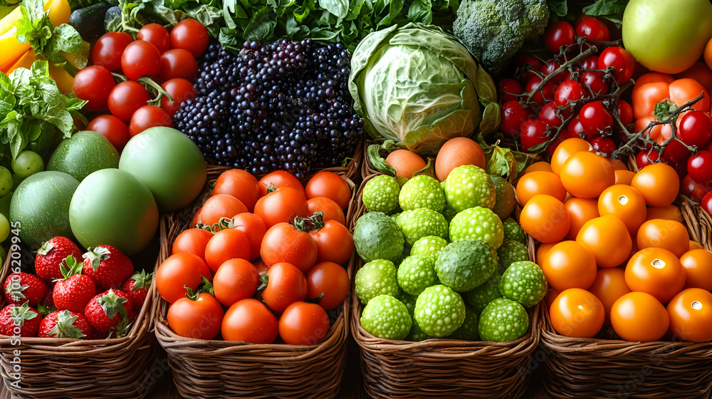 Fresh Produce in Wicker Baskets: Tomatoes, Berries, and More Fresh Produce in Wicker Baskets: Tomatoes, Berries, and More