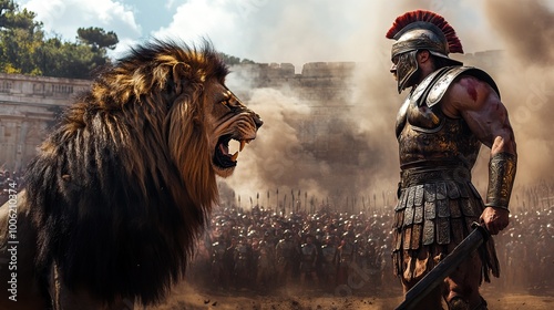 A fierce confrontation between a lion and a gladiator in a dramatic arena setting.