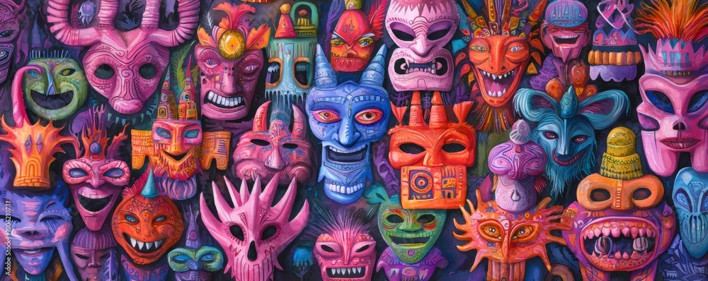 A repeating motif of expressive tribal masks and dancing figures, capturing the essence of ancient cultures and their spiritual symbols. A repeating motif of expressive tribal masks and dancing figures, capturing the essence of ancient cultures and their spiritual symbols.