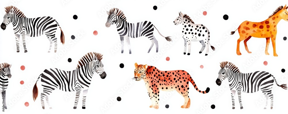 A seamless design with African savanna animals, using patterns of zebra stripes and leopard spots for a rugged, wild aesthetic. A seamless design with African savanna animals, using patterns of zebra stripes and leopard spots for a rugged, wild aesthetic.