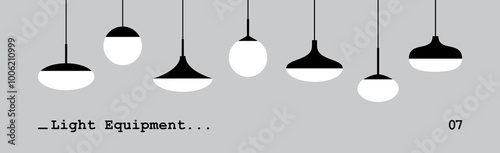 Collection of various hanging light fixtures in a minimalistic black and white design. Can be us for lighting, interior design, or decor projects. Vector illustration
