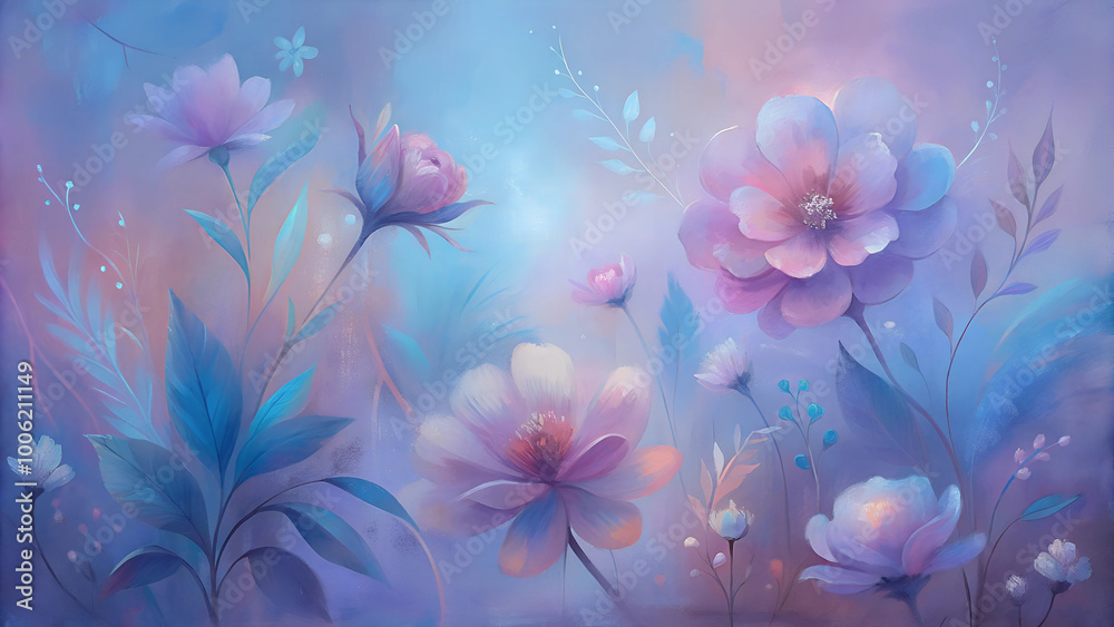 Dreamy Pastel Blue and Lavender Floral Background with Hand-Painted Blossoms and Soft Light Effect - Perfect for Feminine Designs and Wedding Invitations Dreamy Pastel Blue and Lavender Floral Background with Hand-Painted Blossoms and Soft Light Effect - Perfect for Feminine Designs and Wedding Invitations