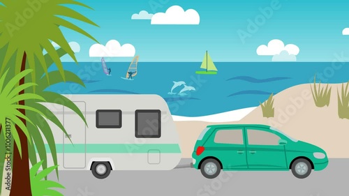 Animation of a caravan driving past various landscapes until it arrives back home in the garage