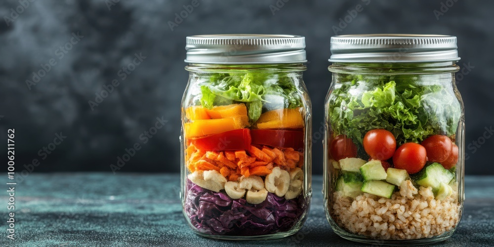 Fresh and colorful salad jars filled with vibrant vegetables, perfect for healthy meal prep and on-the-go nutrition. Fresh and colorful salad jars filled with vibrant vegetables, perfect for healthy meal prep and on-the-go nutrition.