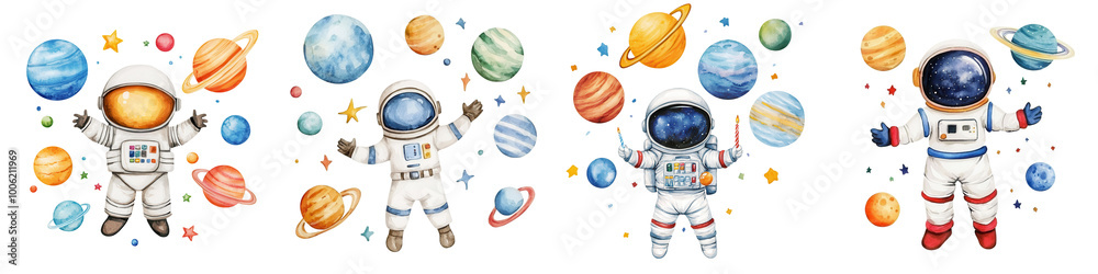 Naklejka premium Astronauts exploring space with vibrant planets in the background, colorful and engaging design.