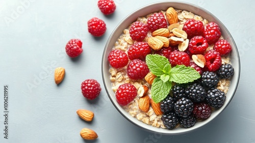 A healthy bowl of granola topped with fresh berries and nuts on a light background.