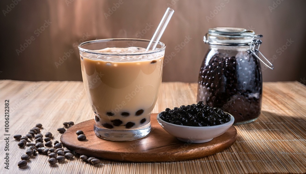 Enjoy a refreshing cup of boba tea, featuring creamy milk and chewy black pearls, accompanied by a spoon of brown rice and a glass pot of rich coffee beans Enjoy a refreshing cup of boba tea, featuring creamy milk and chewy black pearls, accompanied by a spoon of brown rice and a glass pot of rich coffee beans