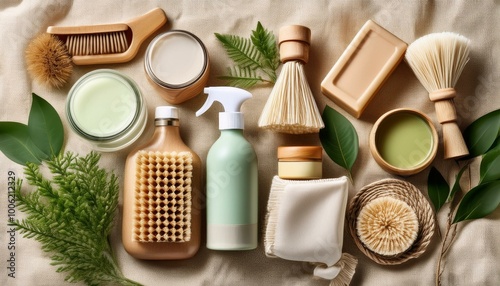 Eco-friendly cleaning and personal care items are thoughtfully arranged on a linen background, showcasing sustainable living choices in an attractive layout