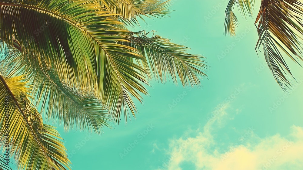 Fototapeta premium Palm tree green leaves copy space blue sky low view