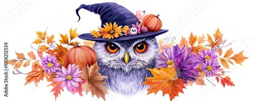 Charming owl wearing a witchs hat, surrounded by fall leaves and Halloween decorations. photo