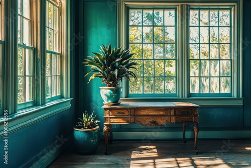 A teal room with an antique desk and a potted teal bromeliad A row of clerestory windows lets in the afternoon light photo