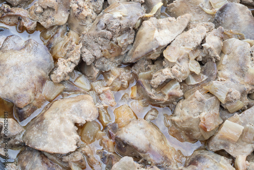 Stewed chicken liver with sauce and onion in iron skillet isolated on white