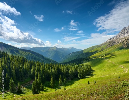 Majestic mountains rise in the background while the vibrant valley unfolds below, filled with green trees and a clear blue sky scattered with white clouds