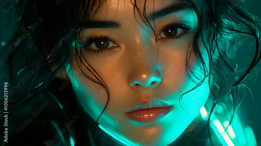 Close Up Of Woman's Face With Neon Light Close Up Of Woman's Face With Neon Light