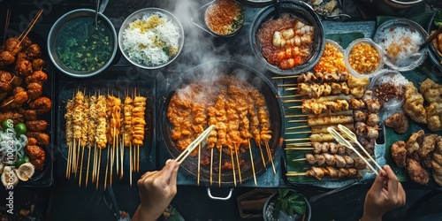 Wallpaper Mural Sizzling street food being grilled, showcasing vibrant colors and delicious textures in an appetizing culinary scene. Torontodigital.ca