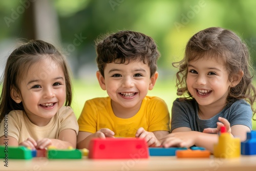 Three joyful children playing with colorful blocks outdoors.