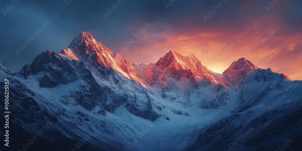 Obraz premium Stunning mountain landscape at sunrise, showcasing majestic peaks illuminated by warm colors against a serene sky.