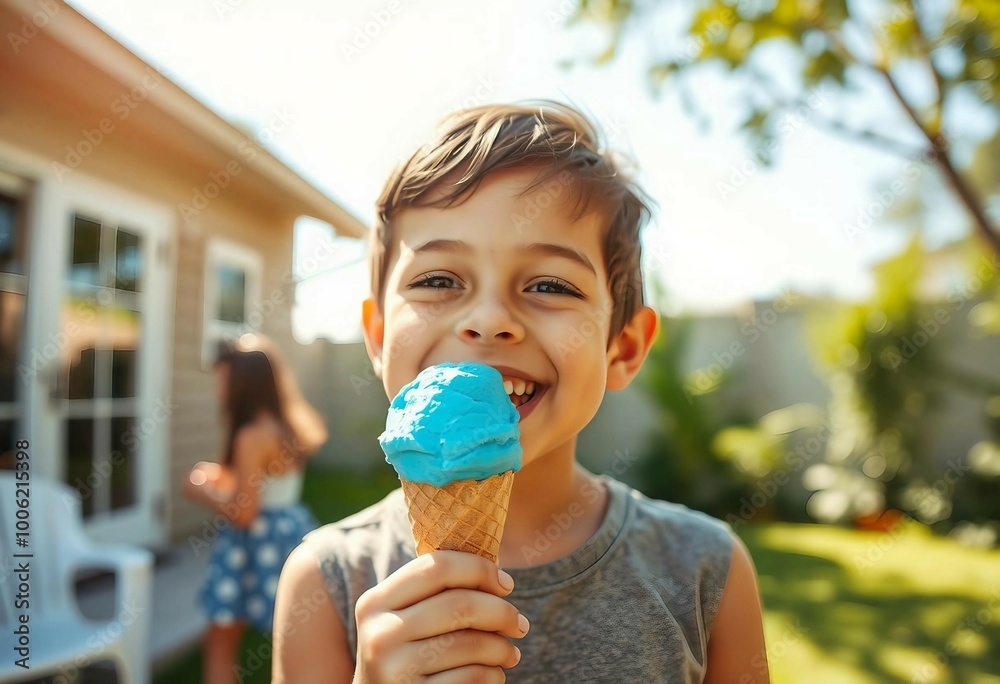 A cute child enjoying blue ice cream with friends in the sunny backyard on a summer day.
A cute child enjoying blue ice cream with friends in the sunny backyard on a summer day.