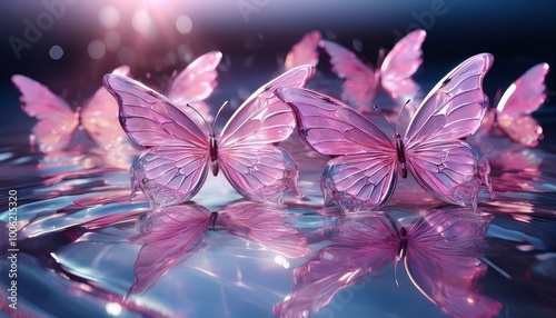 several pink crystal butterflies with transparent wings, reflecting a delicate and sacred appearance as they create ripples on crystal clear, sparkling water, forming a seamless pattern. photo