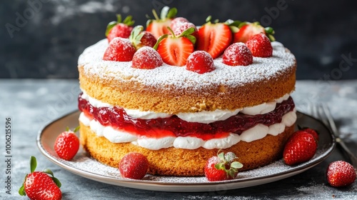 A classic Victoria sponge cake, layered with whipped cream and strawberry jam, dusted with powdered sugar and garnished with fresh strawberries.