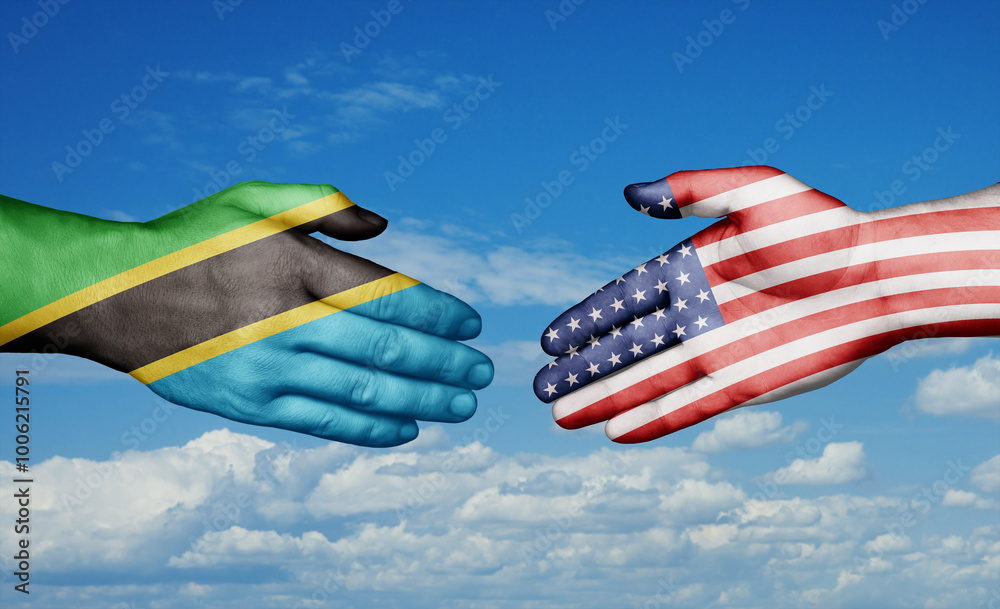 USA and Tanzania country handshaking with flags, consensus concept international co-operation illustration
