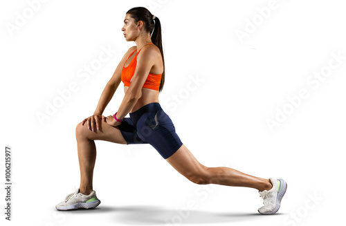 Fototapeta Naklejka Na Ścianę i Meble -  Beautiful woman at the gym doing fitness exercises. Sports transparent background.	