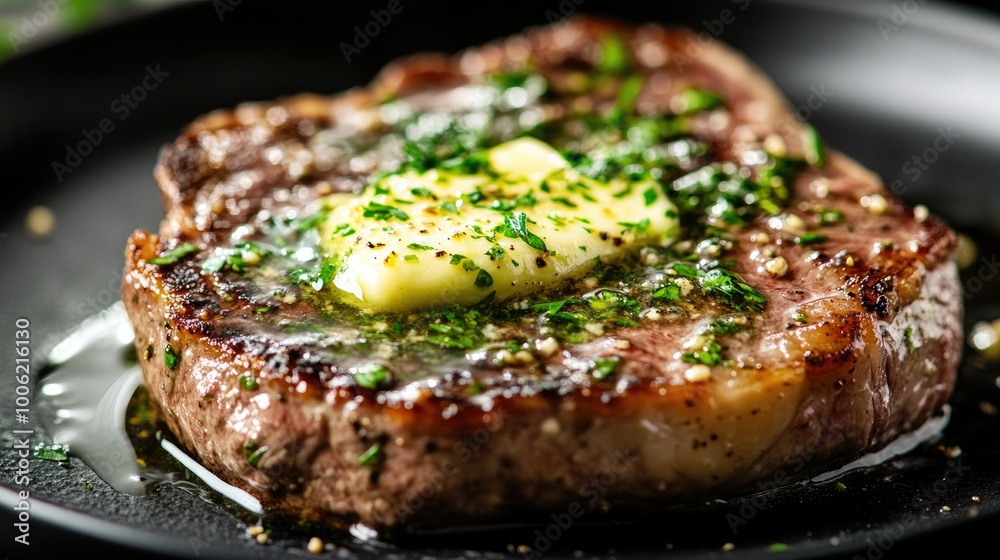 A close-up of a mouthwatering steak topped with garlic herb butter melting over the sizzling surface, served on a sleek black plate. A close-up of a mouthwatering steak topped with garlic herb butter melting over the sizzling surface, served on a sleek black plate.