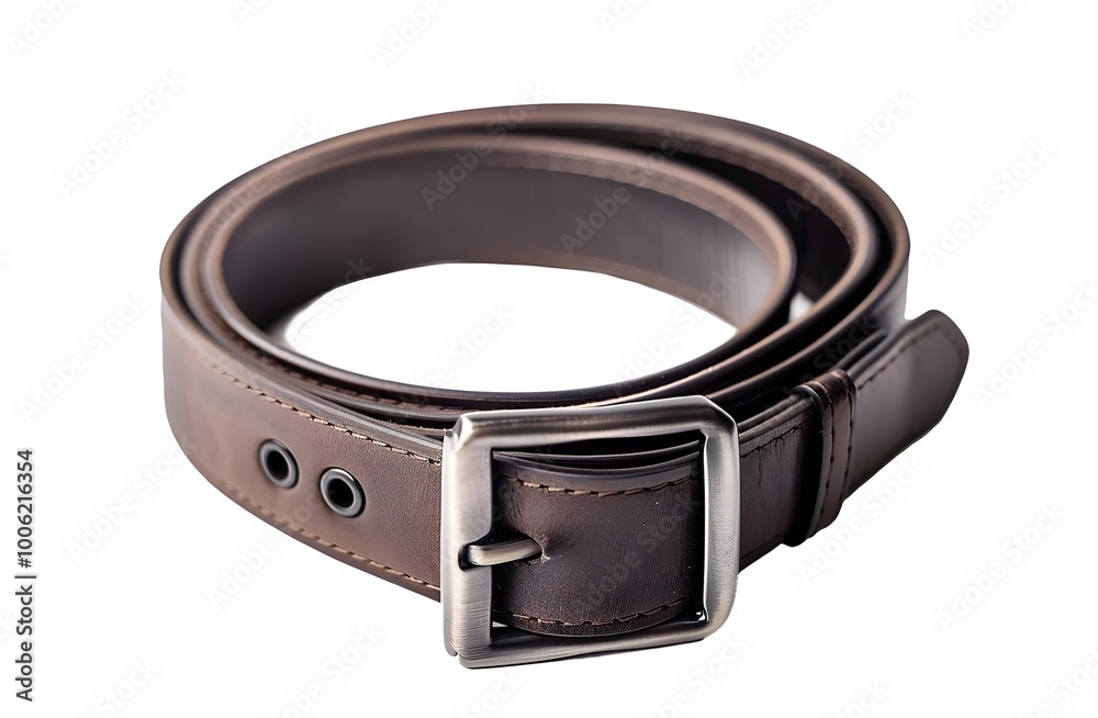Cholet leather belt with silver buckle isolated on white background, top view Cholet leather belt with silver buckle isolated on white background, top view